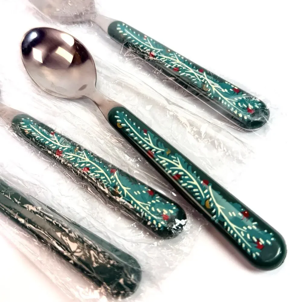 Set 4 Vtg Oneida Spoons Christmas Green Garland Stainless Flatware 6.5